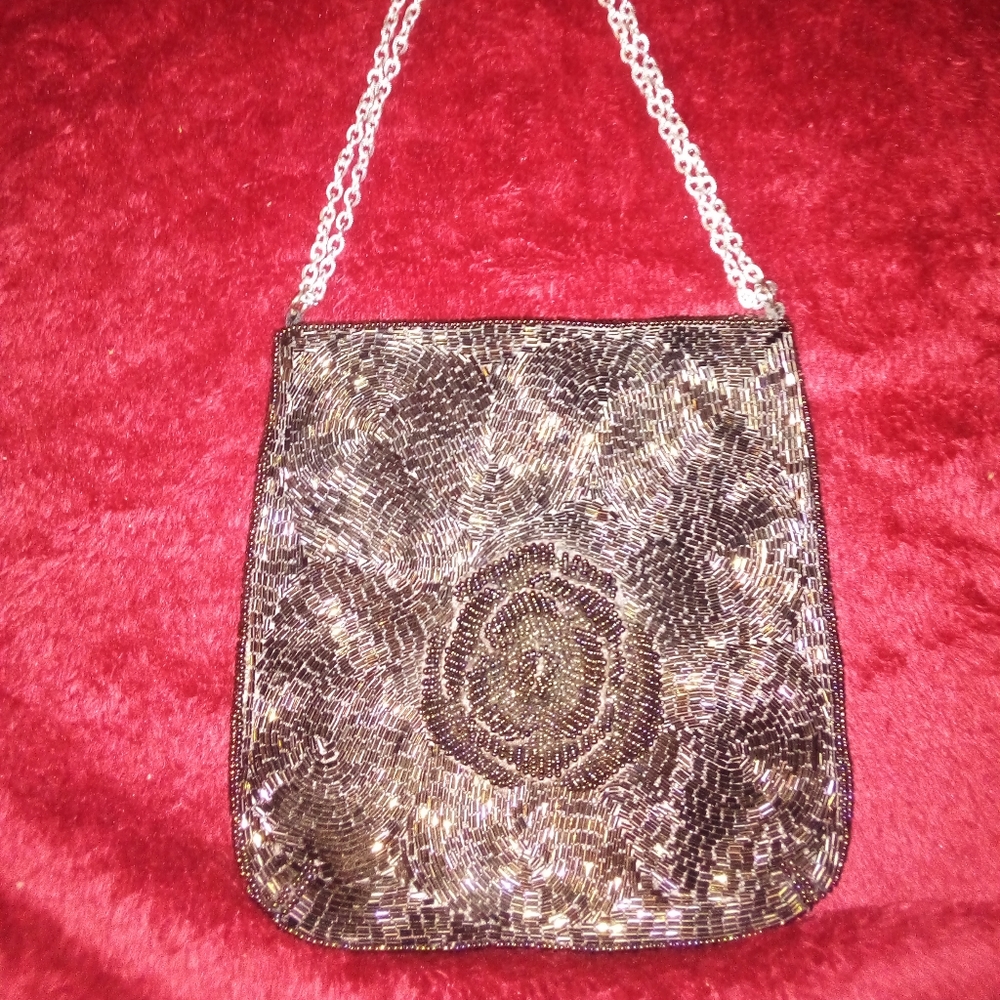 Vintage handmade, brown beaded purse, made in Kore